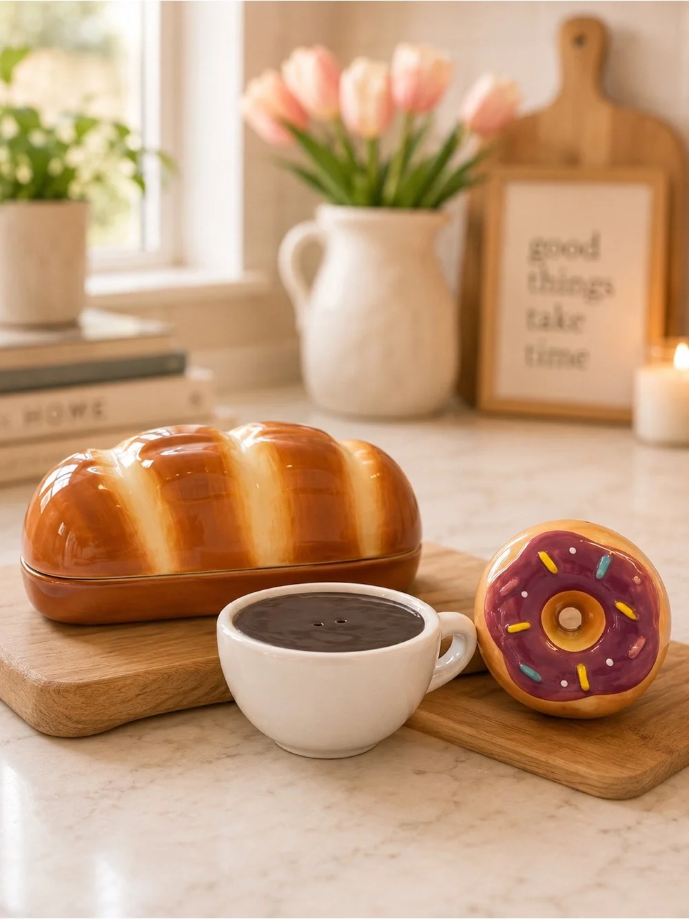 Target Ceramic Bread Butter Dish with Donut Salt & Pepper Shakers - Brown & Pink